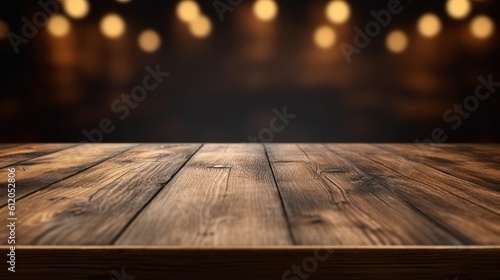 a front view of a dark brown, empty wooden table with a blurry background, serving as a blank wood table mockup, Ai generative 