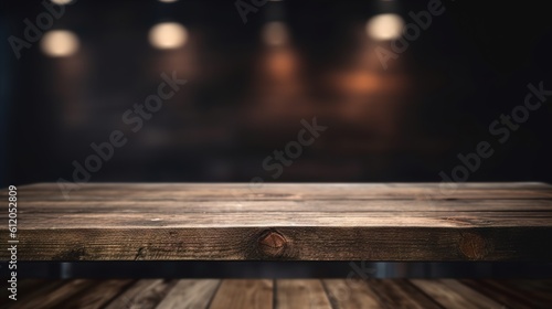 a front view of a dark brown, empty wooden table with a blurry background, serving as a blank wood table mockup, Ai generative 