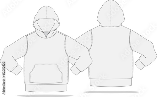 Hooded Sweater Fashion Sketch Design Vector Template Front and Back on transparent background editable blank 