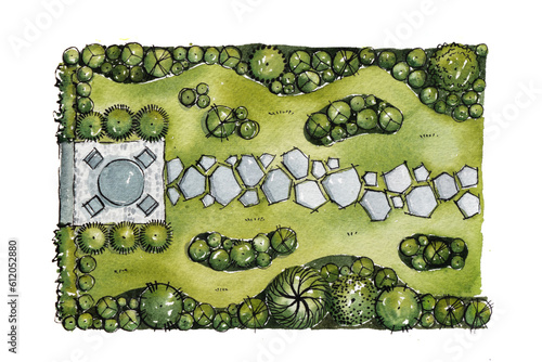 Landscape architect plan design by watercolor hand drawn painting with brushes strokes.Colorful splashing in the paper.It's wet texture background for creative wallpaper,floral card and art work.