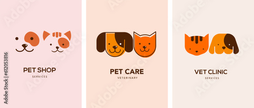 Modern style pets logos, icons. Dog, cat illustrations and symbols