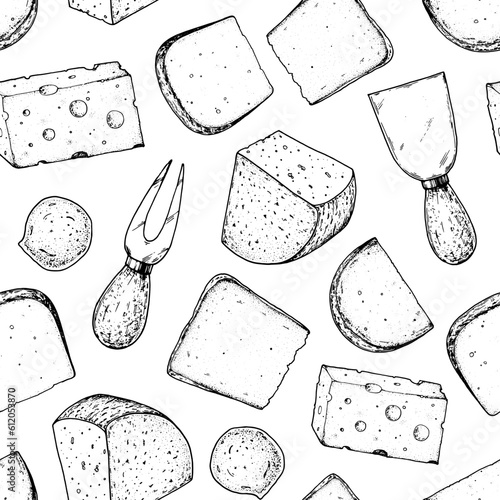 Cheese seamless pattern. Hand drawn vector illustration. Vintage food background. Engraved style. Different cheese kinds background.