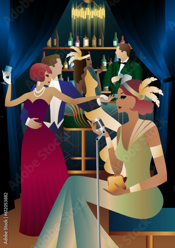 night club with singer on stage and people dance and drink alcohol. Vector illustration of live concert in cafe or restaurant with singer on scene and dancers