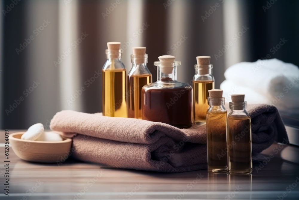 Spa setting with essential oil bottles and towels closeup view. Generative AI Spa setting with essential oil bottles and towels closeup view. Generative AI