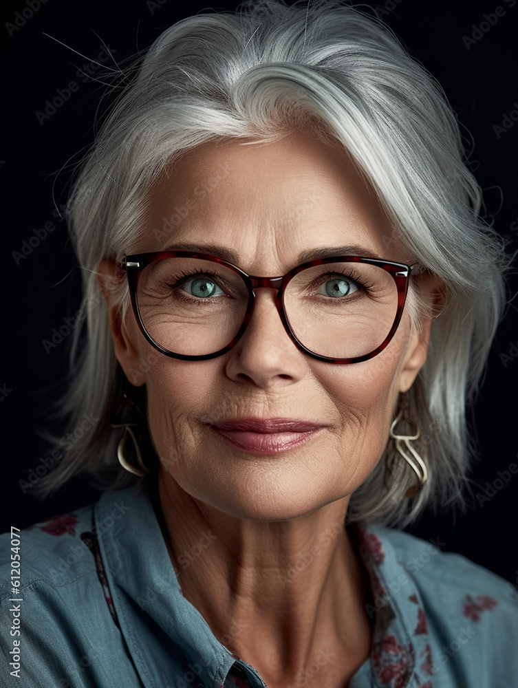 Gesicht einer Frau im reifen Alter mit Brille mit dunklen Hintergrund Nahaufnahme, ai generativ Gesicht einer Frau im reifen Alter mit Brille mit dunklen Hintergrund Nahaufnahme, ai generativ