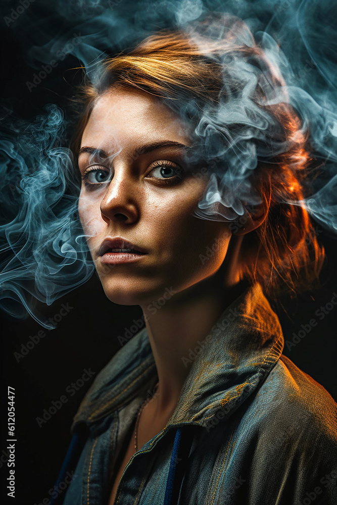 a close-up portrait photoshoot of a model girl smoking a cigarette. Generative AI.