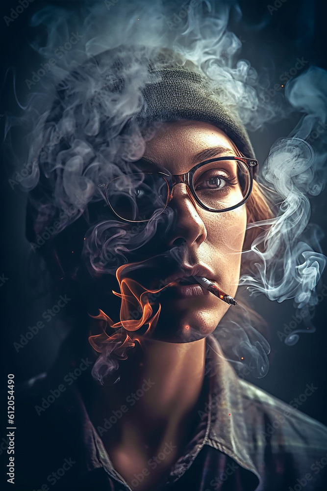 a close-up portrait photoshoot of a model girl smoking a cigarette v3. Generative AI.