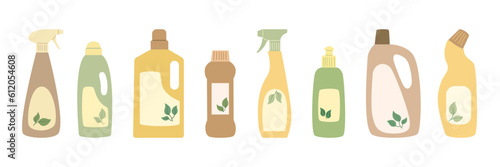 Collection of eco friendly cleaning products. Set of  Natural detergents for home cleaning. Household organic product