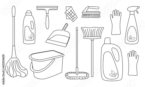A set of tools and detergents for cleaning service. Outline vector collection for household cleaner. Linear supplies for washing