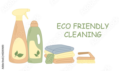 Natural organic detergents, sponge, brush, cloth wipes. Eco friendly products for household cleaning. Green cleaning concept background