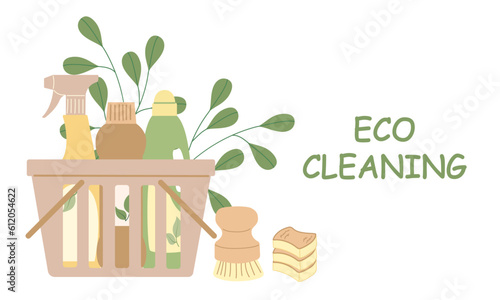 Basket with natural organic detergents, sponge, brush. Eco friendly products for home cleaning. Green cleaning concept background