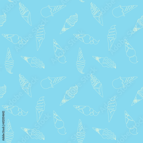 Outline of ice cream in a continuous line style on a yellow background. Seamless pattern. Summer doodle illustration for menus, invitations, flyers, fabric print