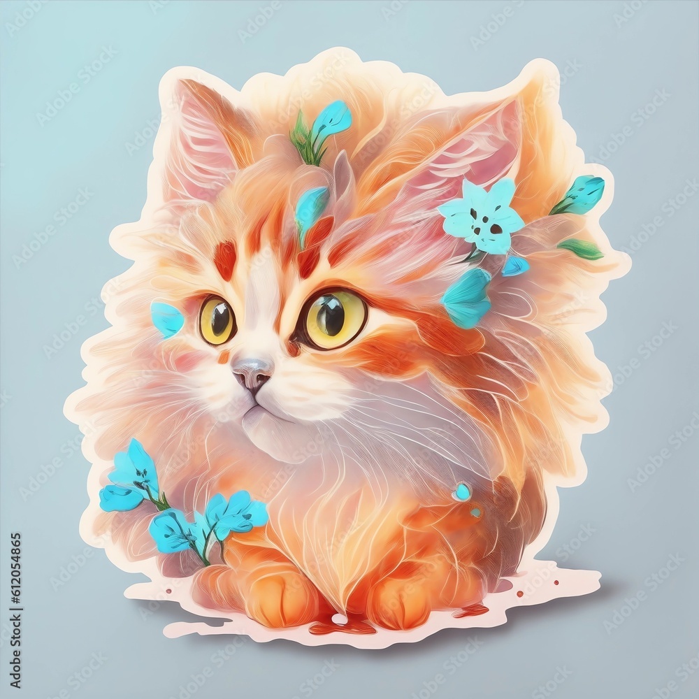(Ai Generated) Orange cat with blue flowers in its fur sticker (Ai Generated) Orange cat with blue flowers in its fur sticker