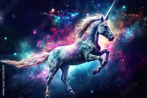art unicorn in space . dreamlike background with unicorn . Hand Drawn Style illustration  Generative AI © PinkiePie