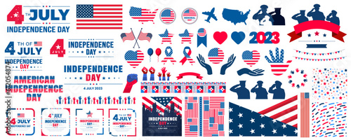 A big set of America and 4th of July and Independence Day elements. USA flag, social media post banner bundle, typography, pattern background, balloons, and many more illustrations in one big bundle.