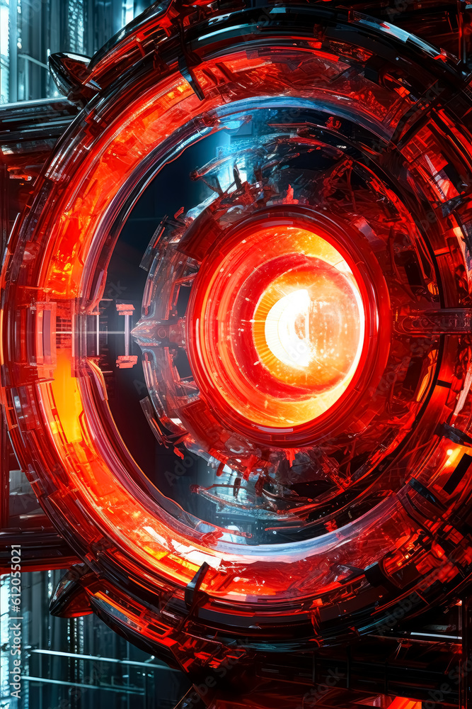 Fototapeta premium A red glowing robotic eye. LED effects, futuristic aesthetic, intricate designs of mechanical realism, glowing eye, advanced machinery and cybernetic wonders. Generative Ai.