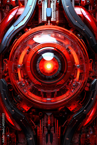 A red glowing robotic eye. LED effects, futuristic aesthetic, intricate designs of mechanical realism, glowing eye, advanced machinery and cybernetic wonders. Generative Ai. © Saulo Collado