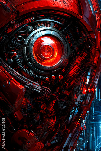A red glowing robotic eye. LED effects, futuristic aesthetic, intricate designs of mechanical realism, glowing eye, advanced machinery and cybernetic wonders. Generative Ai. © Saulo Collado