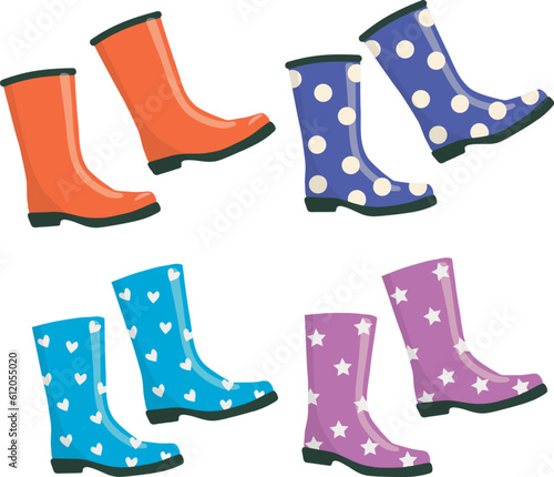 Boots rubber vector. Colored rubber boots vector icon set. Rain boots cartoon illustration isolated on white background.