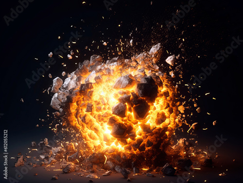 Realistic fiery explosion with sparks and smoke over a black background. Ai Generative illustration.