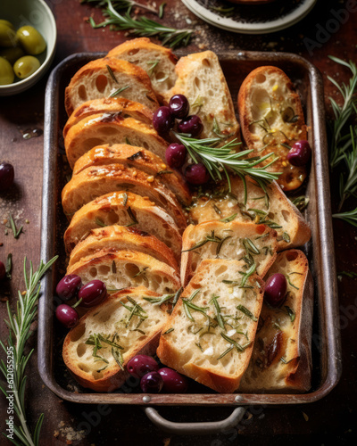Pan of homemade slices of bread with olives olive oil and rosemary created with Generative AI