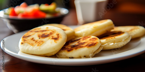 Roasted traditional corn arepas on a plate with cheese. Ai generated photo