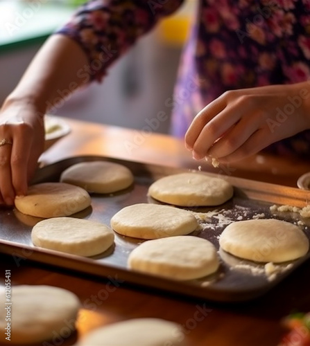 Close up of old woman's  hands making traditional corn arepas. AI generated 