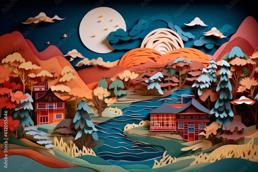 Summer scene - river, mountains, house and tree. Japanese origami, paper art style. Generative AI