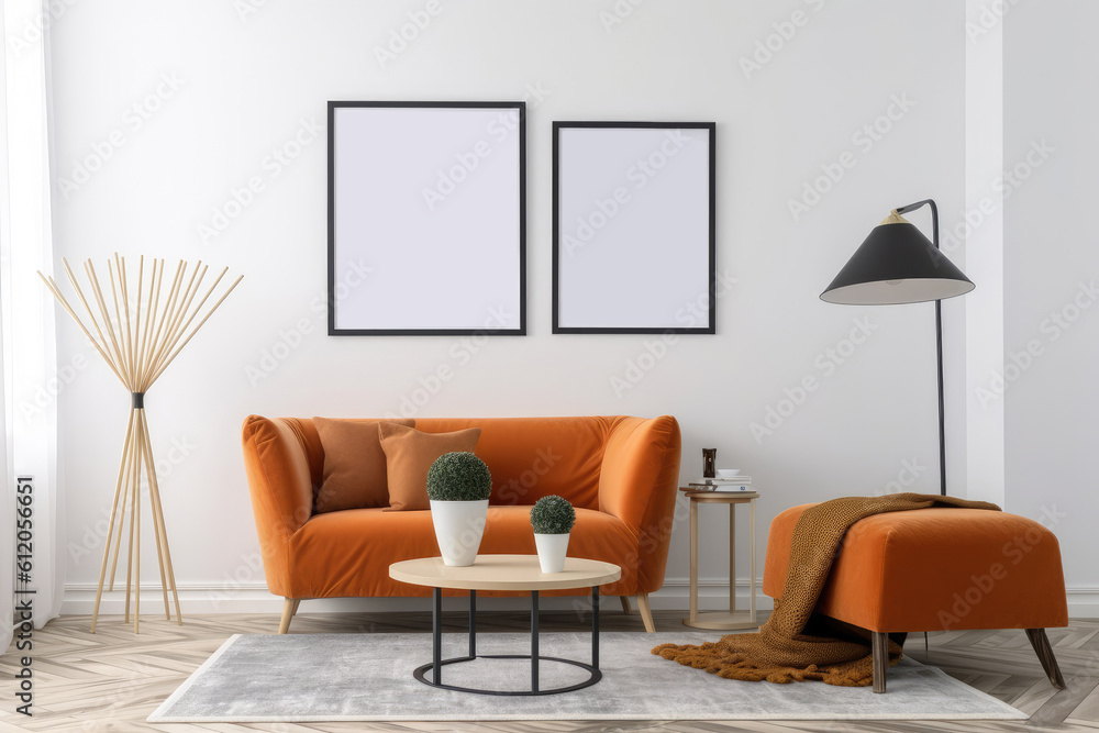 Interior of living room with orange sofa, coffee table and two vertical posters. 3d render, Mockup poster frame on the white wall in a Scandin, AI Generated Interior of living room with orange sofa, coffee table and two vertical posters. 3d render, Mockup poster frame on the white wall in a Scandin, AI Generated