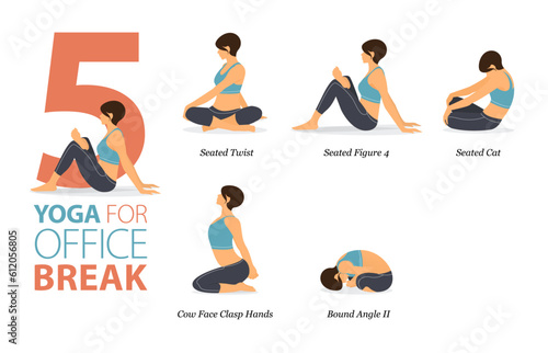5 Yoga poses or asana posture for workout in office break concept. Women exercising for body stretching. Fitness infographic. Flat cartoon vector.