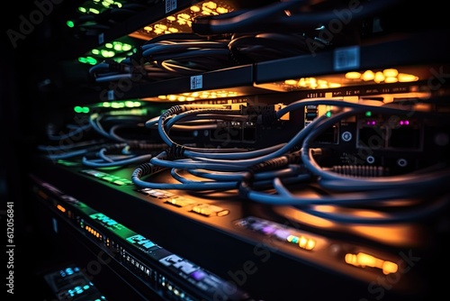 close up of network cables connected to servers in a data center. Network cables connected to the network switch, AI Generated