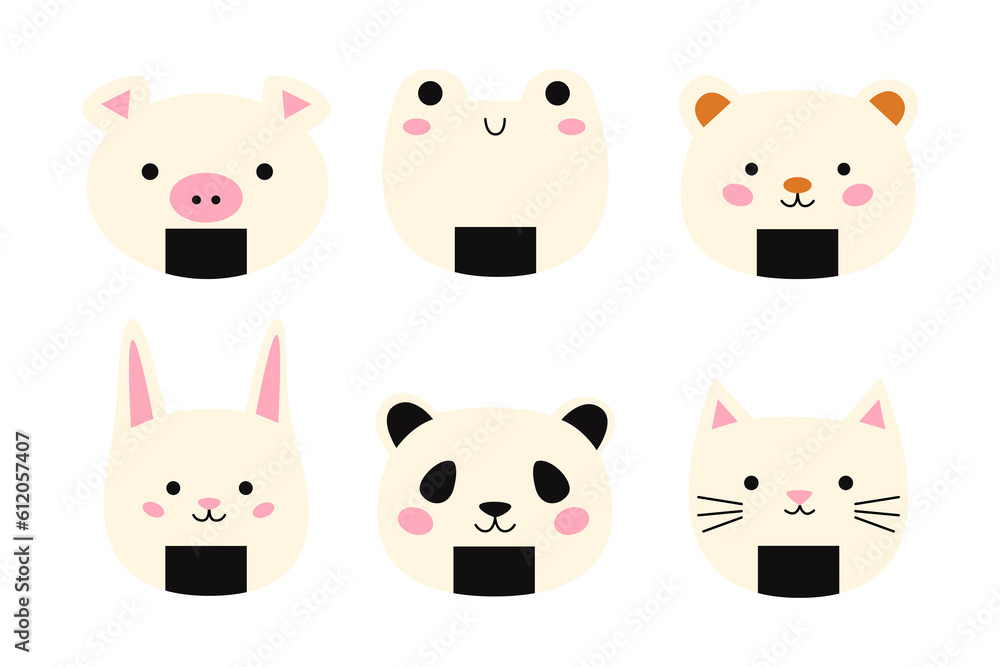 Set cute animal onigiri with smiling face and pink cheeks. Pig, frog, bear, rabbit, panda, cat character. Kawaii onigiri. Japanese traditional cuisine dishes. Set cute animal onigiri with smiling face and pink cheeks. Pig, frog, bear, rabbit, panda, cat character. Kawaii onigiri. Japanese traditional cuisine dishes.