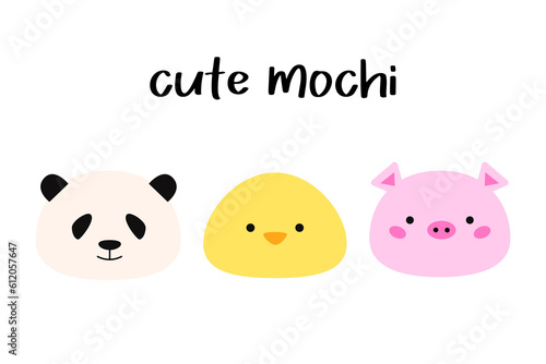 Set cute animal mochi. Panda, duck and pig cartoon characters. Japanese sweets and desserts. Kawaii print. Isolated on white background.