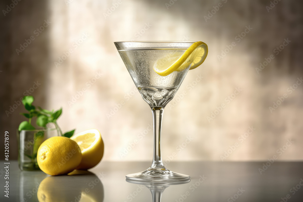 Cocktail vodka martini with lemon slices on light background with beautiful sunlight. Generative AI professional photo imitation.