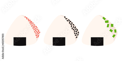 Set onigiri with sesame, caviar, green onion. Kawaii onigiri. Japanese traditional cuisine dishes.