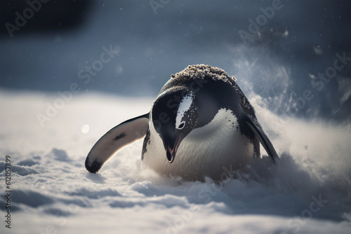 Generative AI. a penguin gliding in the snow