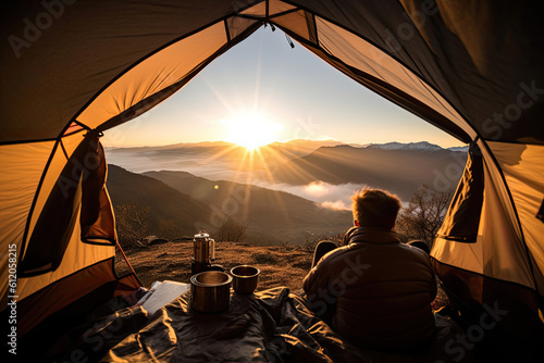 View from inside a tent. A man from behind watches the sunrise.