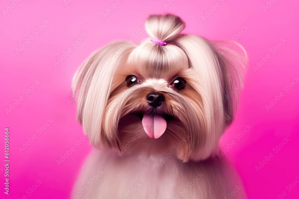 Yorkshire Terrier on a pink background. Close up portrait. Animal grooming. Generative AI.