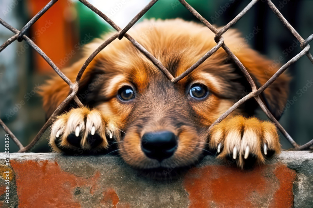 Sad puppy behind the bars of a cage. The concept of loneliness and sadness. Homeless animals. Our little brothers. We are responsible for those we have tamed. Generative AI.