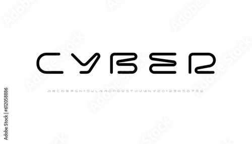 Technical wide round future font, digital cyber alphabet, trendy original uppercase letters from A to Z and numbers from 0 to 9 for interface design, vector illustration 10EPS