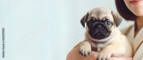 cropped view of woman holding cute pug puppy on blurred background, banner. Generative AI.