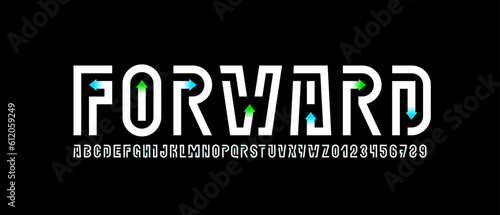 Modern font alphabet with colored arrows, original style letters and numbers, vector illustration 10EPS