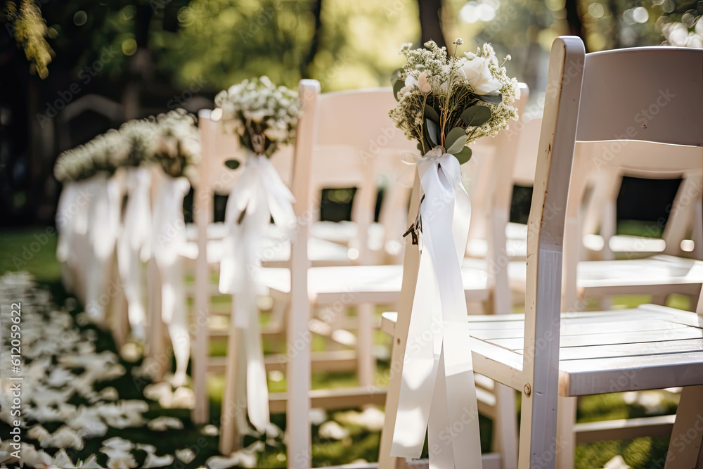 Wedding chairs with white ribbons <br>bouquets. Concept motif for weddings and wedding planners. - obrazy, fototapety, plakaty 