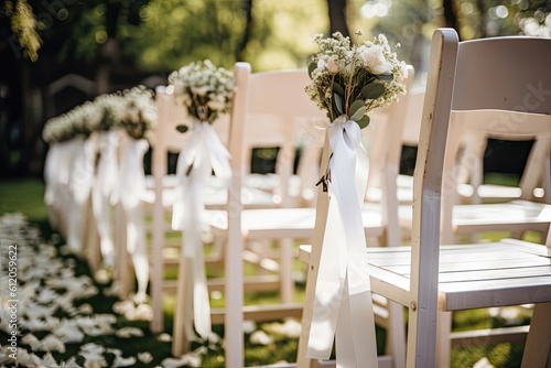 Wedding chairs with white ribbons <br>bouquets. Concept motif for weddings and wedding planners. photo