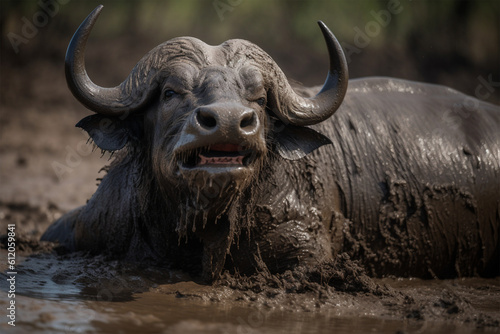 Generative AI. a smiling buffalo while taking a mud bath © imur