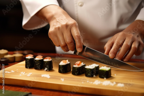 Japanese chef preparing sushi on restaurant. generative ai