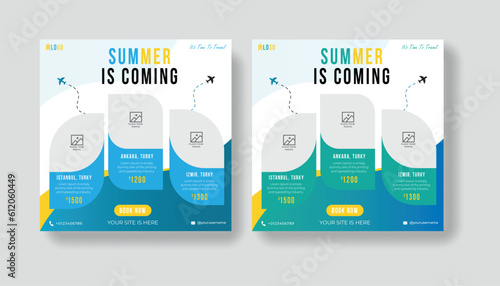 Summer vacation social media post template. Holiday package video thumbnail design and web banner for for travel agency.