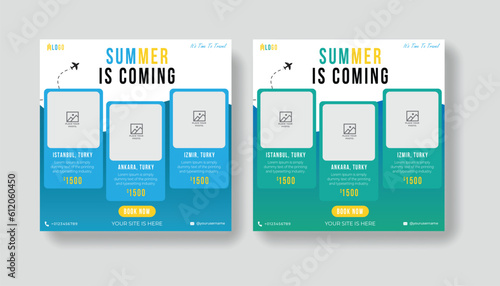 Summer vacation social media post template. Holiday package video thumbnail design and web banner for for travel agency.