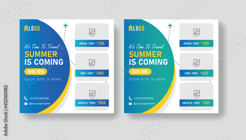 Summer vacation social media post template. Holiday package video thumbnail design and web banner for for travel agency.