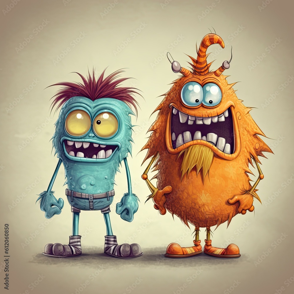 Illustration of two funny cute multi-colored monsters close-up on a plain background. Wallpaper, template for Halloween. Generative AI technology Illustration of two funny cute multi-colored monsters close-up on a plain background. Wallpaper, template for Halloween. Generative AI technology